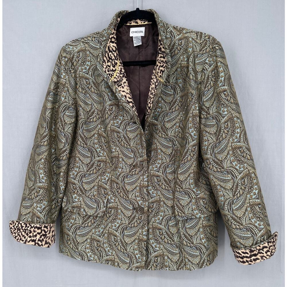 90s Vintage Jacket Womens Medium Brown Paisley Blue Jacquard Tapestry Gold Boho - Picture 7 of 9
